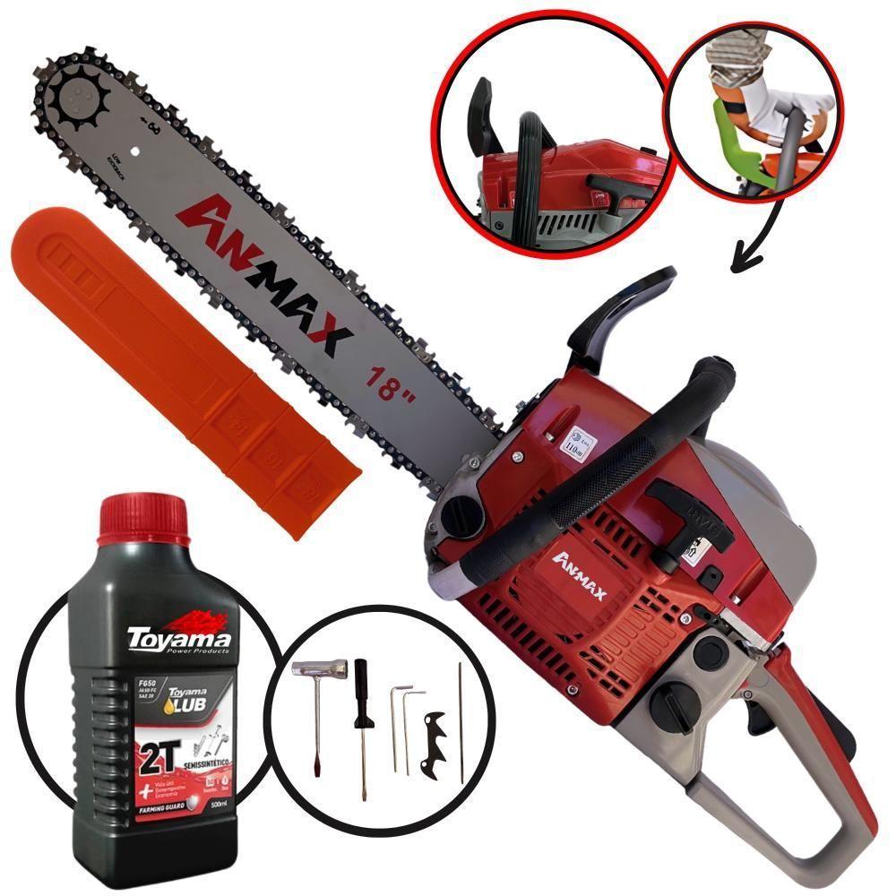 Motosserra Anmax Cs5200b à Gasolina 2t 52cc 2,7hp Sabre 18'' Ponta Rolante Profissional + Óleo Toyama Fg50 500ml - 1