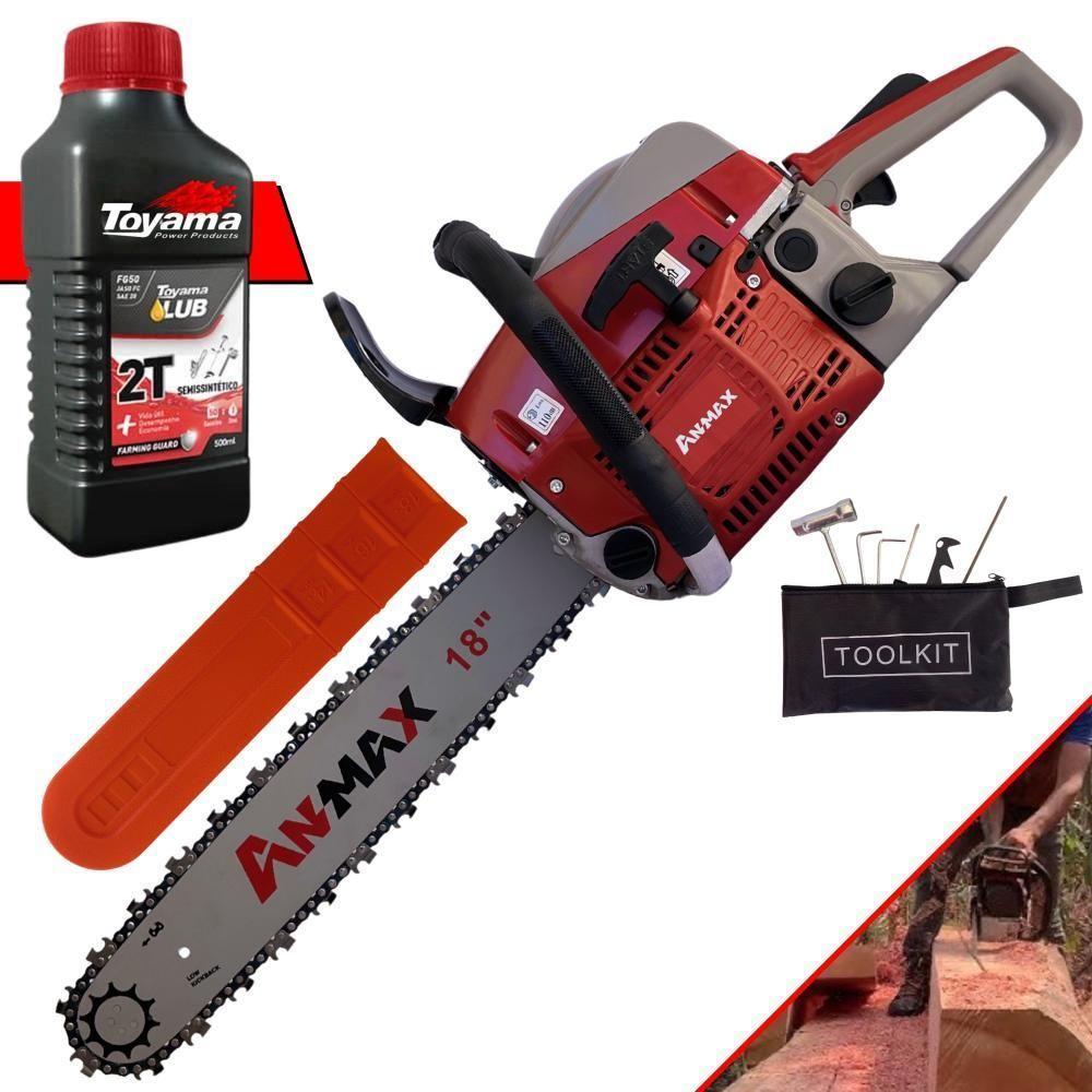 Motosserra Anmax Cs5200b à Gasolina 2t 52cc 2,7hp Sabre 18'' Ponta Rolante Profissional + Óleo Toyama Fg50 500ml - 1