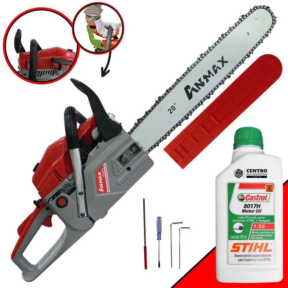 Motosserra Anmax Cs5800a à Gasolina 2t 58cc 3,1hp Sabre 20'' Ponta Rolante Profissional + Óleo Castrol Stihl 500ml - 1