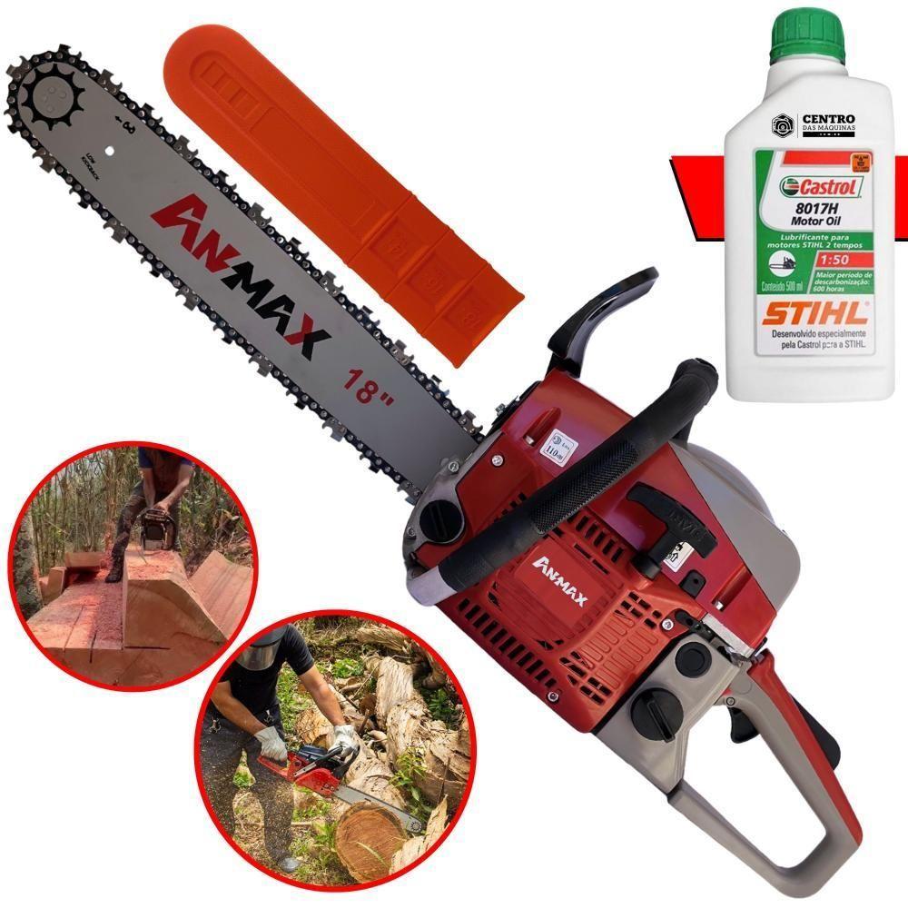 Motosserra Anmax Cs5200b à Gasolina 2t 52cc 2,7hp Sabre 18'' Ponta Rolante Profissional + Óleo Castrol Stihl 500ml - 1