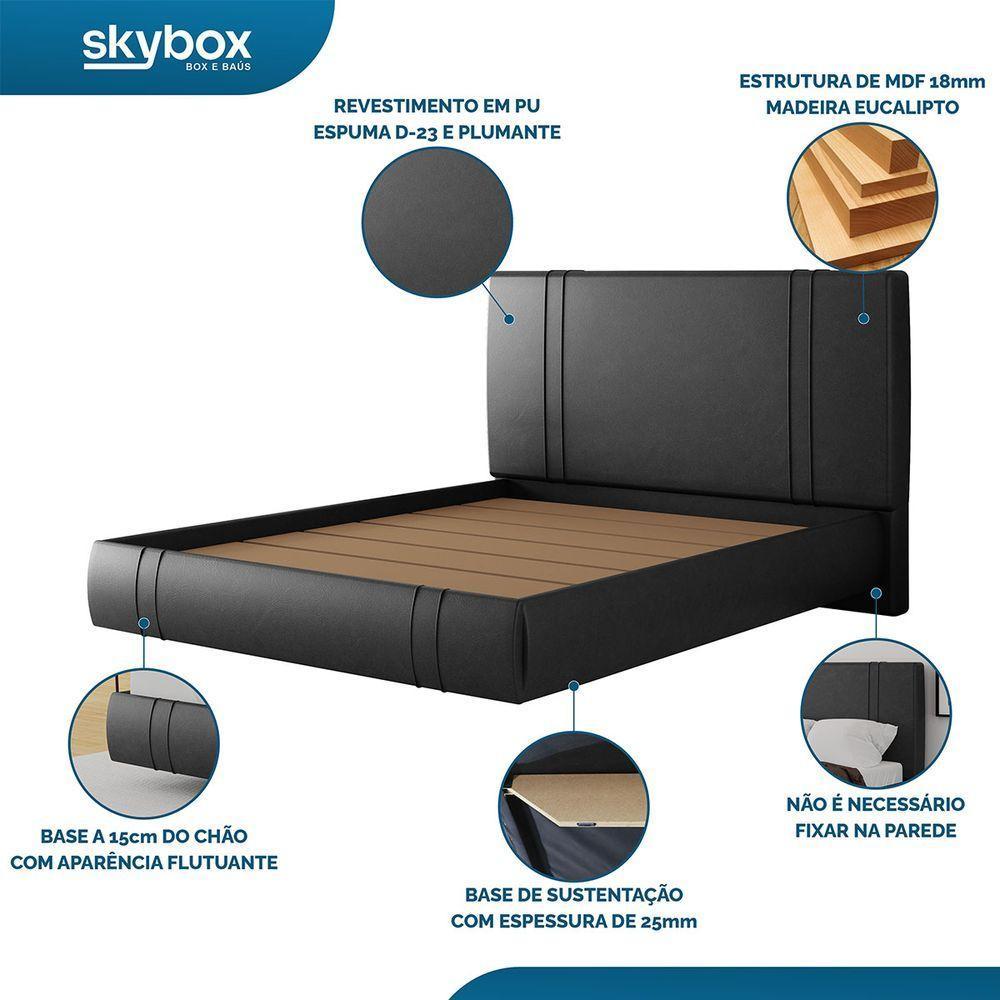 Cama Flutuante Star Queen Size Couro Ecológico Pu - Skybox Pu Preto - 4
