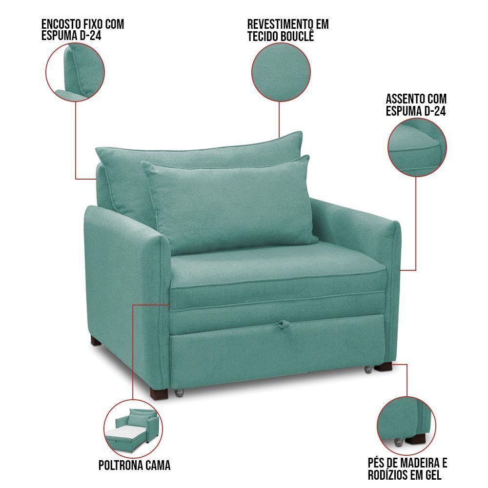 Poltrona Cama Retrátil Solteiro Com Rodízio Cloe Bouclê E03 - D'rossi Azul Turquesa - 4