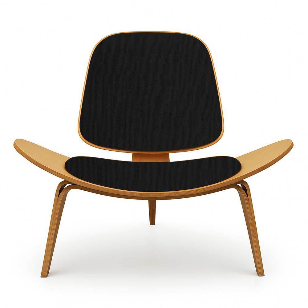 Poltrona Decorativa Base De Madeira Shell Linho Preto P01 - D'rossi - 2