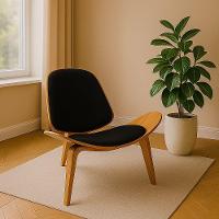 Poltrona Decorativa Base De Madeira Shell Linho Preto P01 - D'rossi - 1