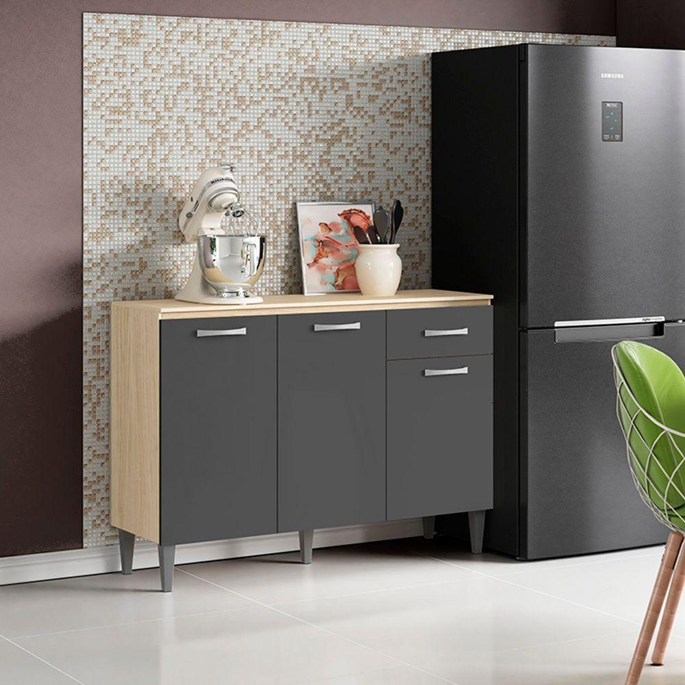 Balcão Cozinha Com Tampo 120cm 3 Portas Joana A09 - D'rossi Avena E Grafite - 1