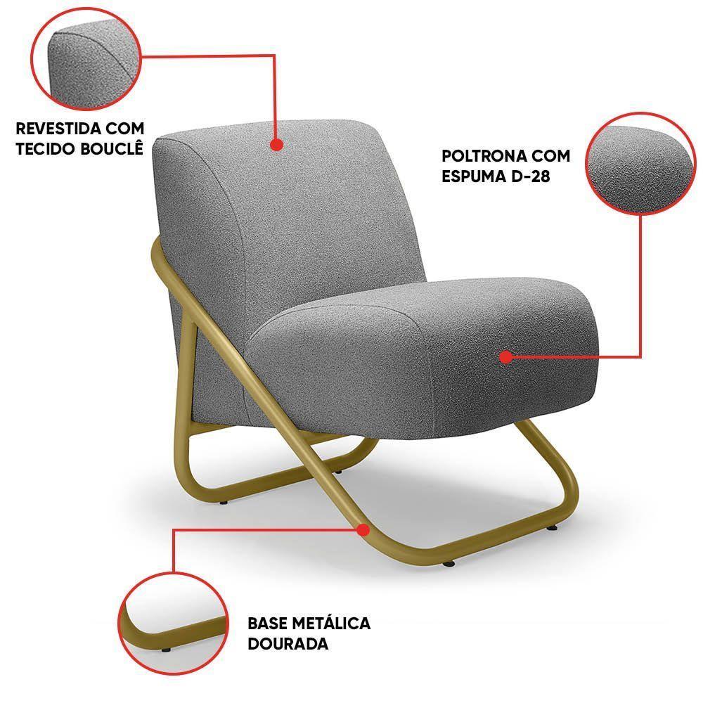Poltrona Sala Decorativa Industrial Dourado Martina Bouclê Grafite K01 - D'rossi - 3