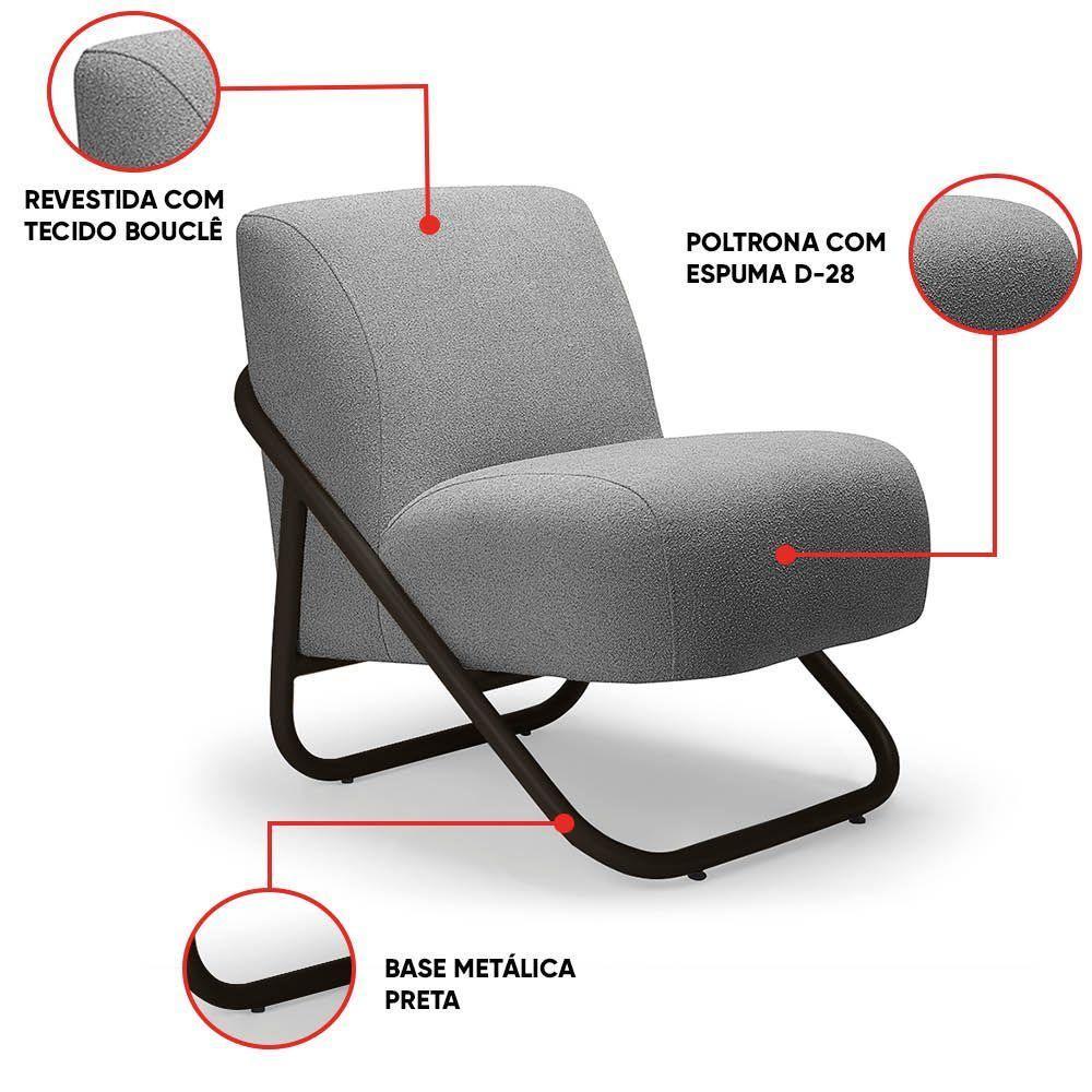 Poltrona Sala Decorativa Industrial Preto Martina Bouclê K01 - D'rossi Grafite - 3