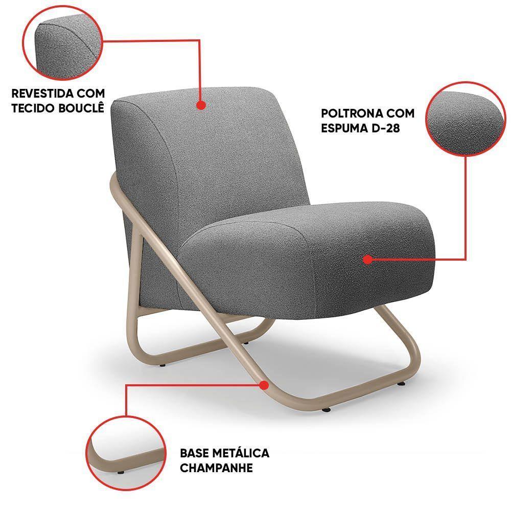 Poltrona Sala Estar Industrial Champanhe Kit 2 Martina Bouclê K01 - D'rossi Grafite - 3
