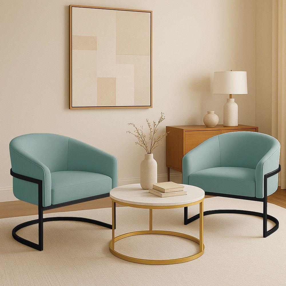 Poltrona Sala Industrial Preto Kit 2 Arielle Veludo Cotelê Menta D03 - D'rossi - 1