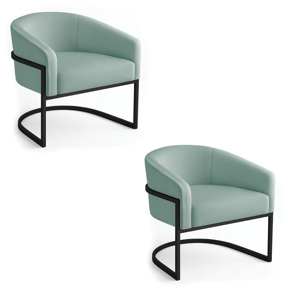 Poltrona Sala Industrial Preto Kit 2 Arielle Veludo Cotelê Menta D03 - D'rossi - 2