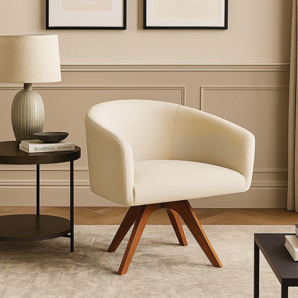 Poltrona Sala Base Giratória Madeira Arielle Linho Bege D03 - D'rossi - 1