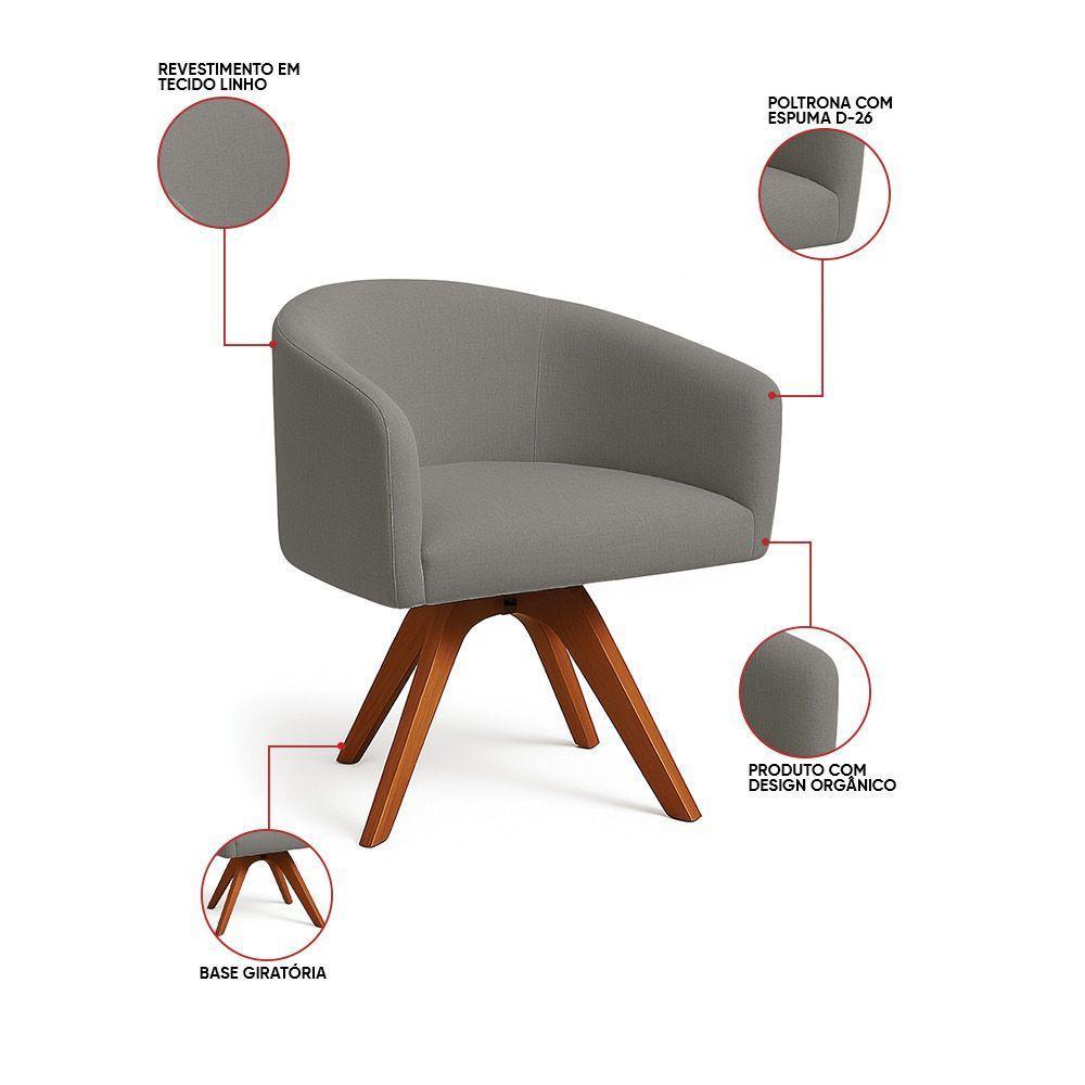 Poltrona Sala Base Giratória Madeira Arielle Linho Grafite D03 - D'rossi - 3