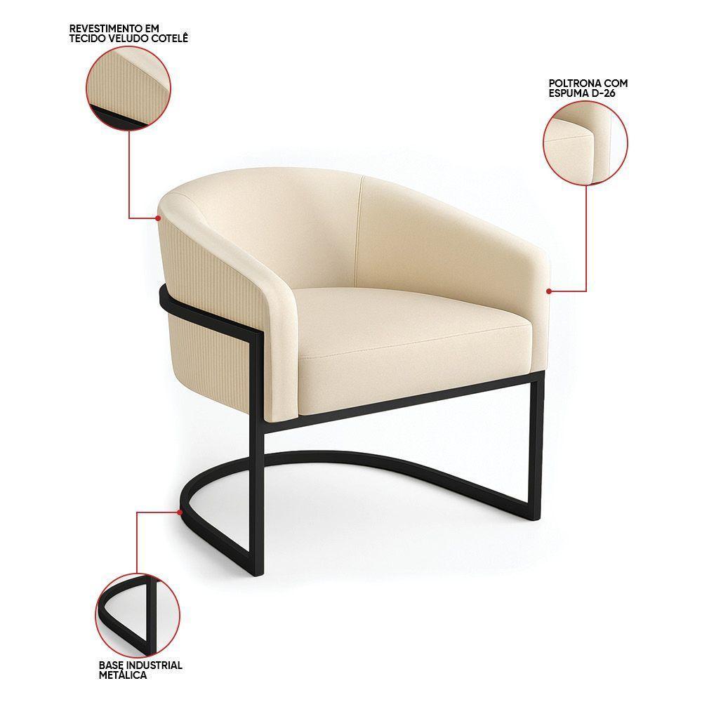 Poltrona Sala Industrial Preto Kit 2 Arielle Veludo Cotelê Bege D03 - D'rossi - 4
