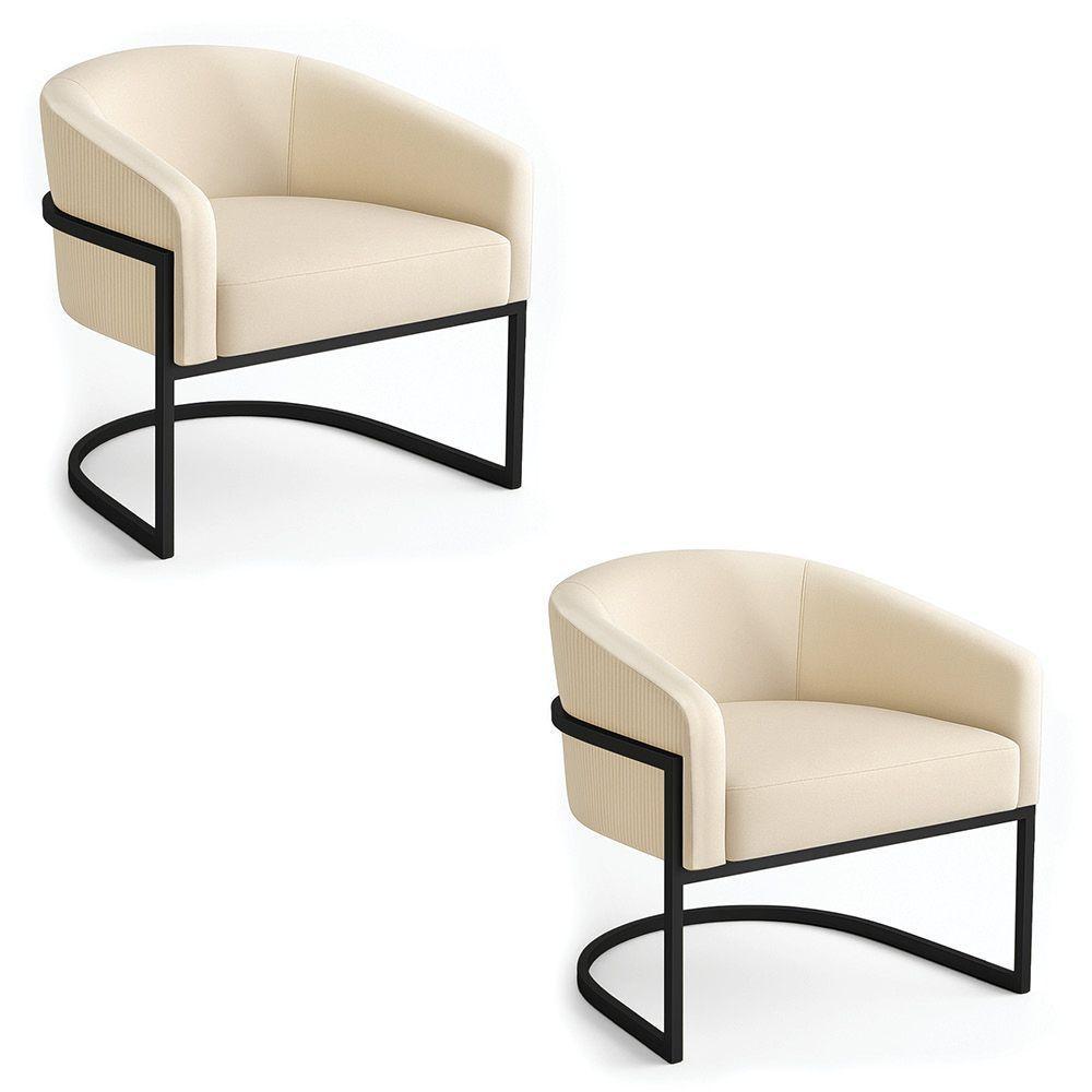 Poltrona Sala Industrial Preto Kit 2 Arielle Veludo Cotelê Bege D03 - D'rossi - 7