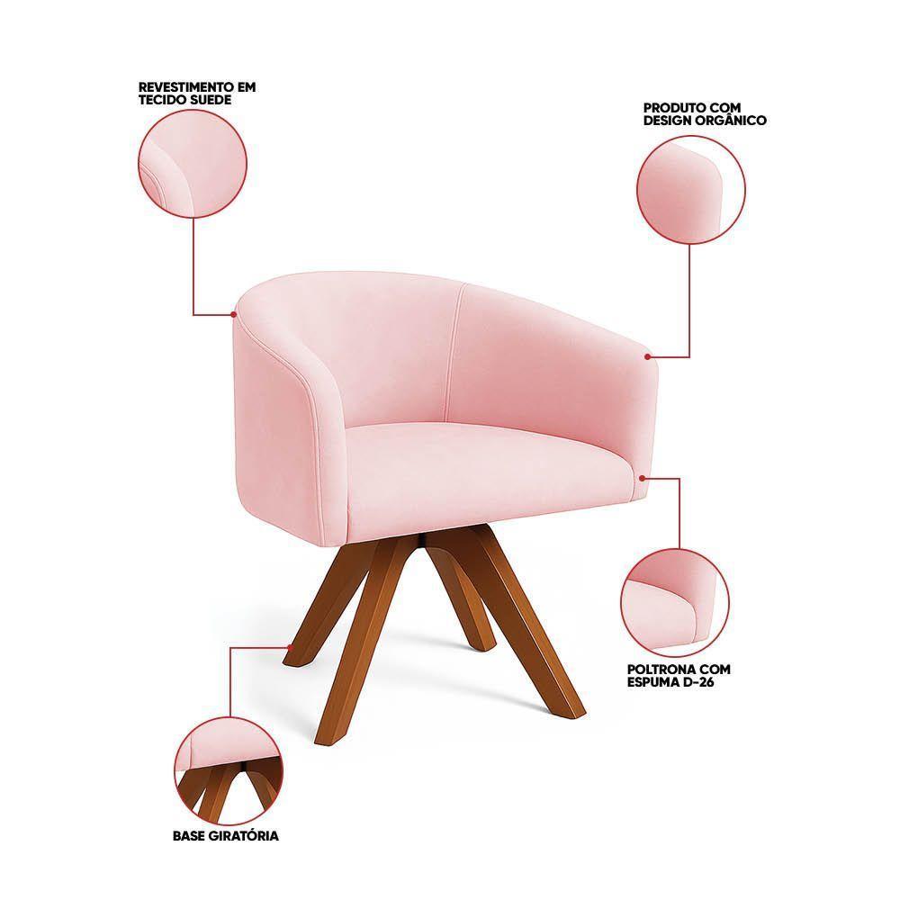 Poltrona Sala Base Giratória Madeira Arielle Suede D03 - D'rossi Rosa Bebê - 3