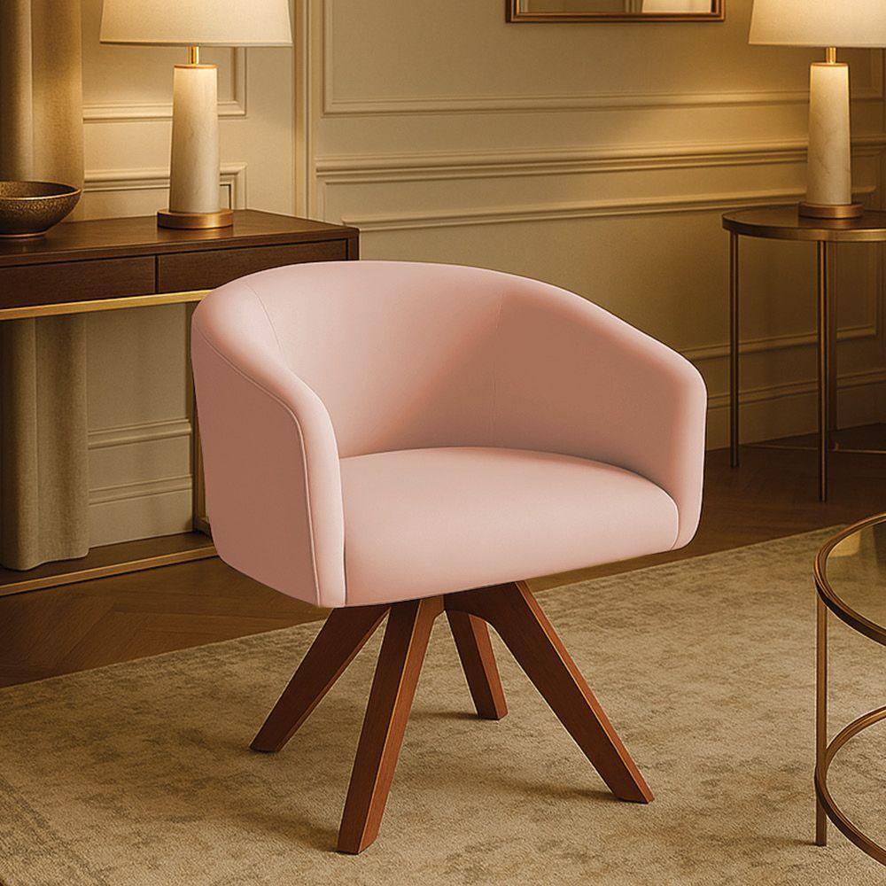 Poltrona Sala Base Giratória Madeira Arielle Veludo Rosê D03 - D'rossi - 1