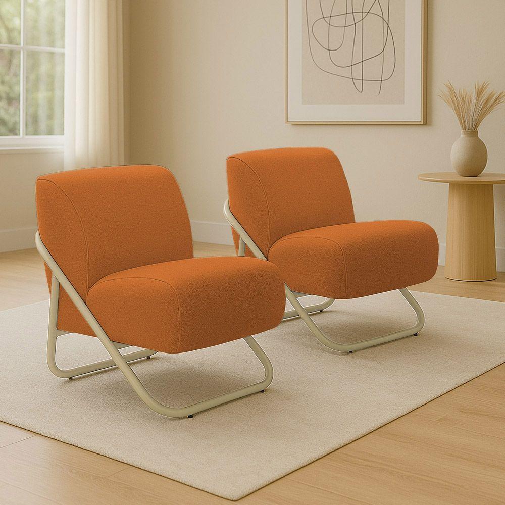 Poltrona Sala Estar Industrial Champanhe Kit 2 Martina Bouclê Caramelo K01 - D'rossi - 1