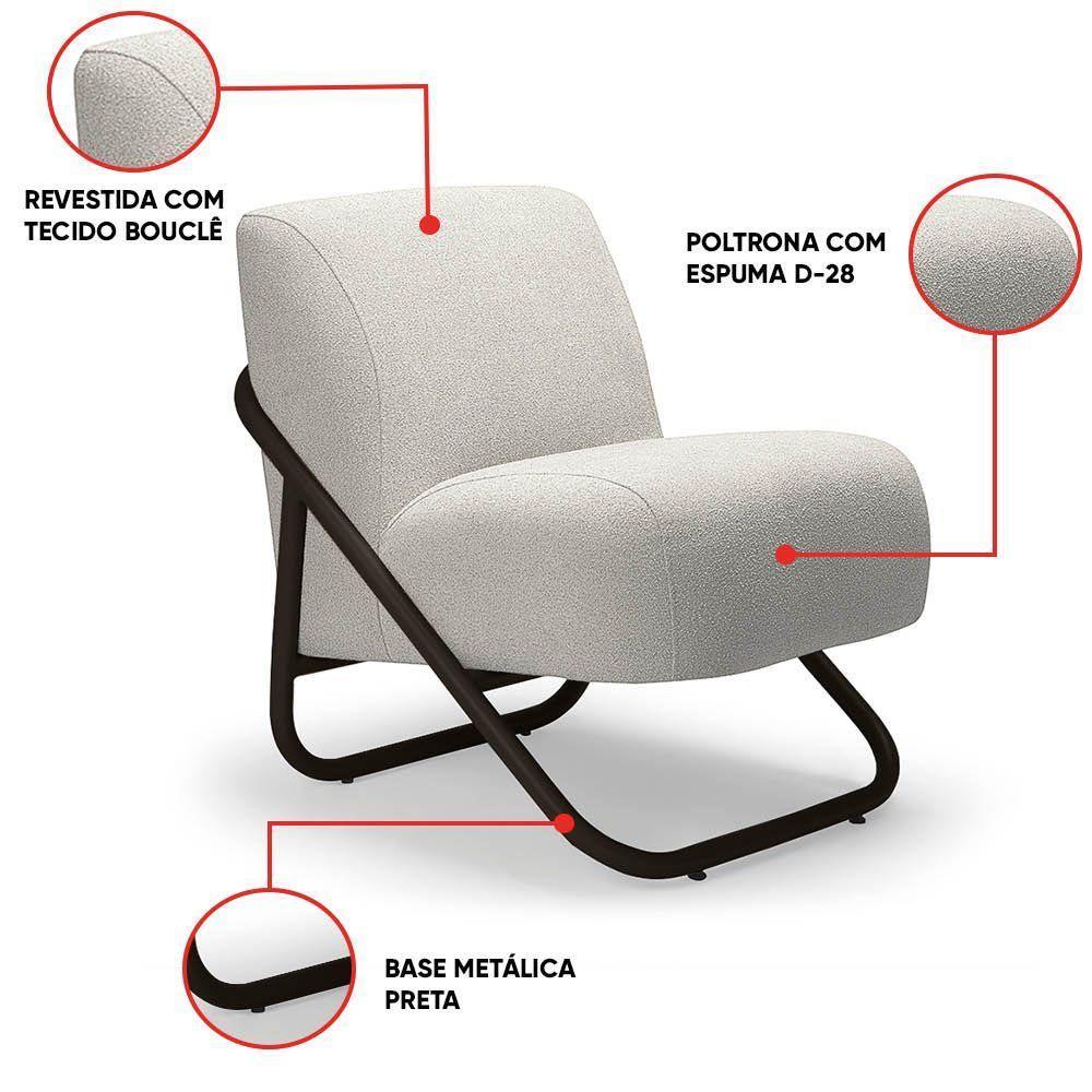 Poltrona Sala Estar Industrial Preto Kit 2 Martina Bouclê Cinza K01 - D'rossi - 3