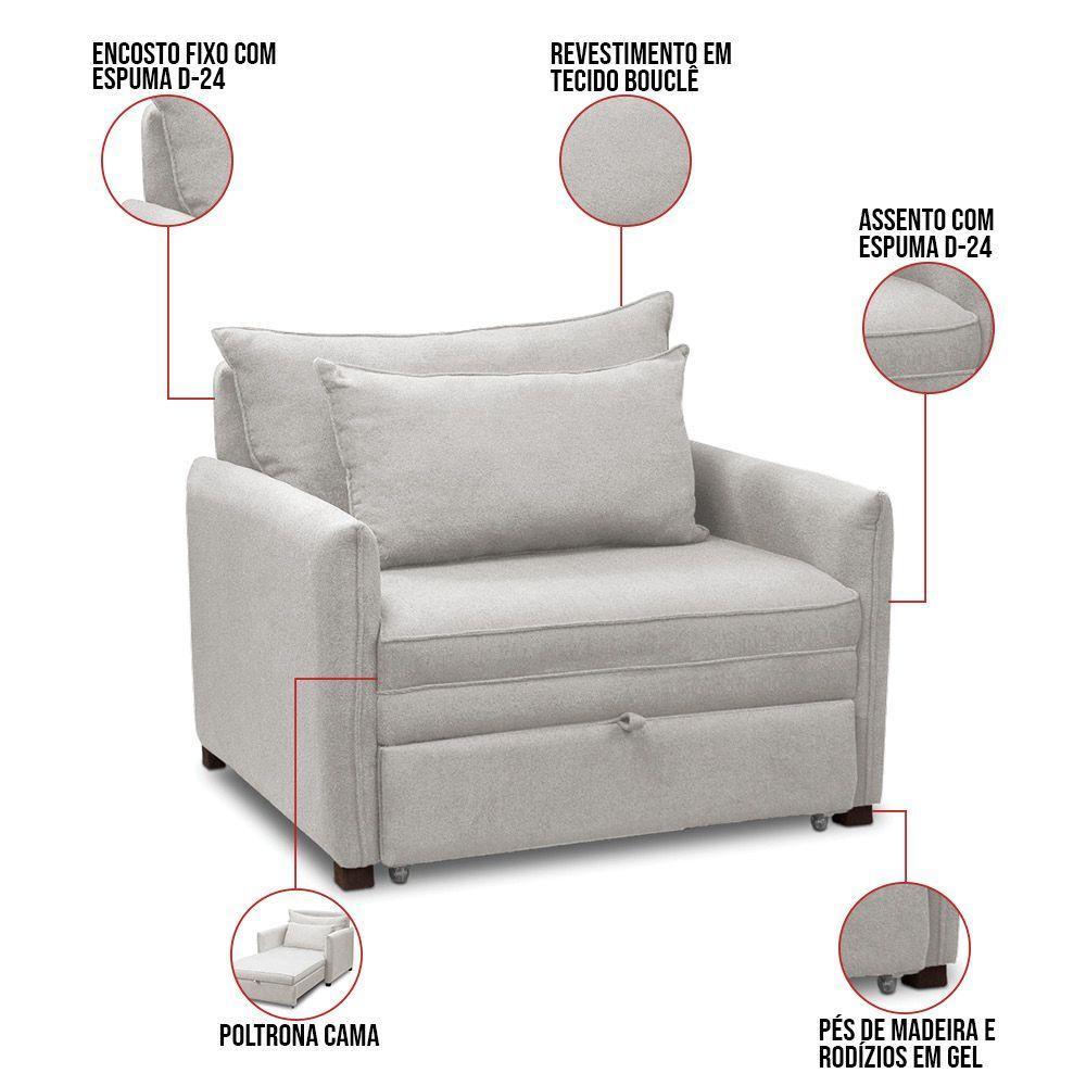 Poltrona Cama Retrátil Solteiro Com Rodízio Cloe Bouclê E03 - D'rossi Cinza Claro - 3