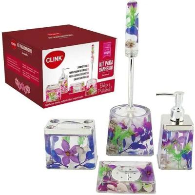 Kit Conjunto Banheiro Acrílico 4 Peças Floral