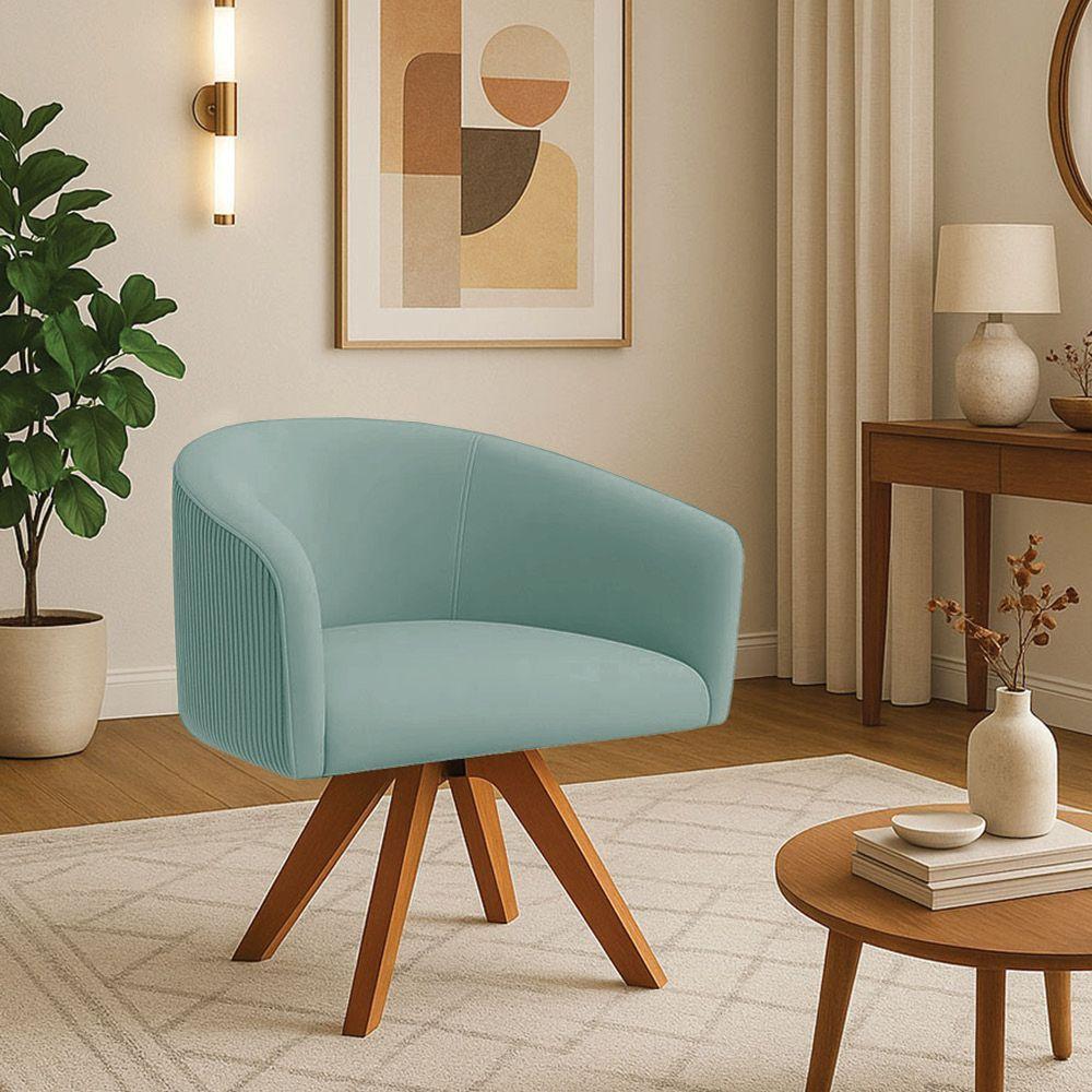 Poltrona Sala Base Giratória Madeira Arielle Veludo Cotelê D03 - D'rossi Menta - 1