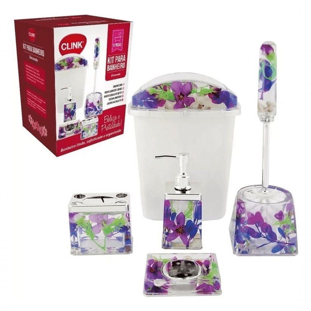 Kit Conjunto Banheiro Acrílico 5 Peças Floral - 1