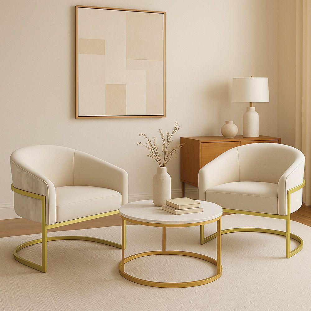 Poltrona Sala Industrial Dourada Kit 2 Arielle Veludo Cotelê D03 - D'rossi Bege - 1