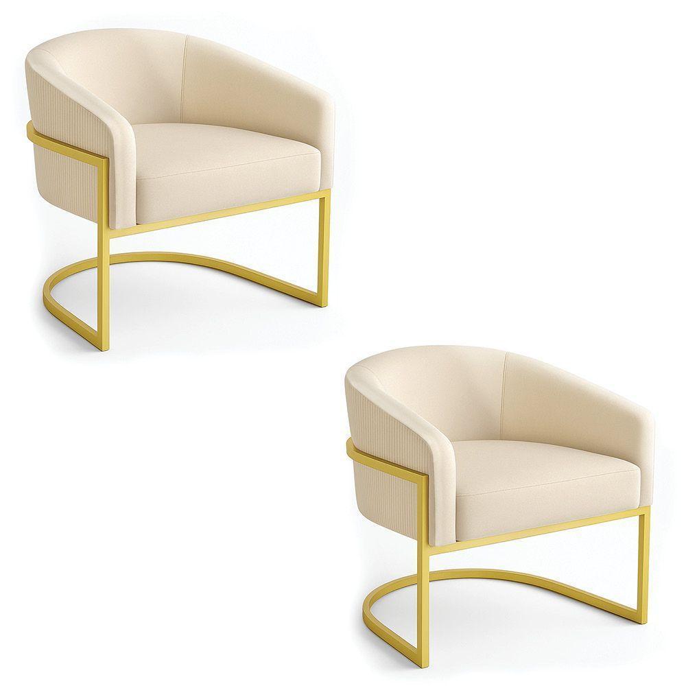Poltrona Sala Industrial Dourada Kit 2 Arielle Veludo Cotelê D03 - D'rossi Bege - 2