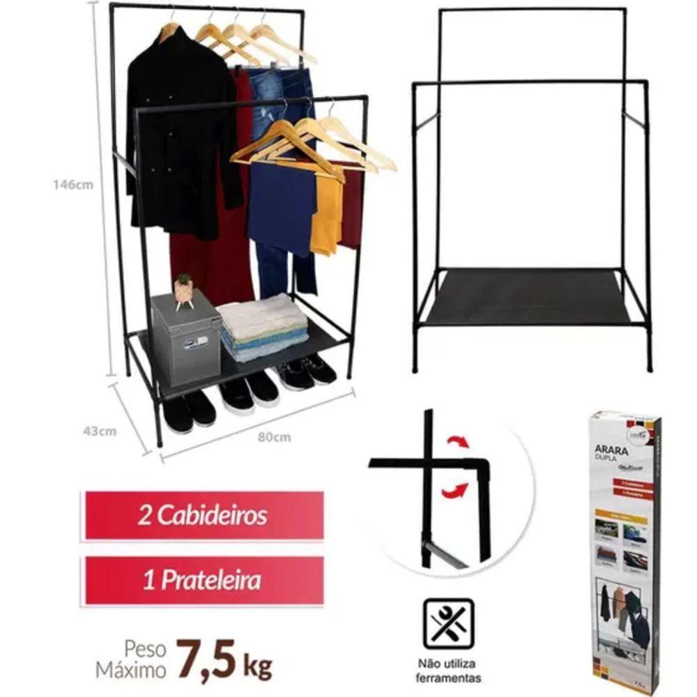 Arara Dupla Desmontável Multiuso Cabideiro Sapateira Reguláv - 1