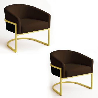 Poltrona Sala Decorativa Industrial Dourada Kit 2 Arielle Suede Marrom