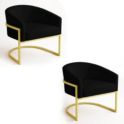 Poltrona Sala Decorativa Industrial Dourada Kit 2 Arielle Veludo Preto
