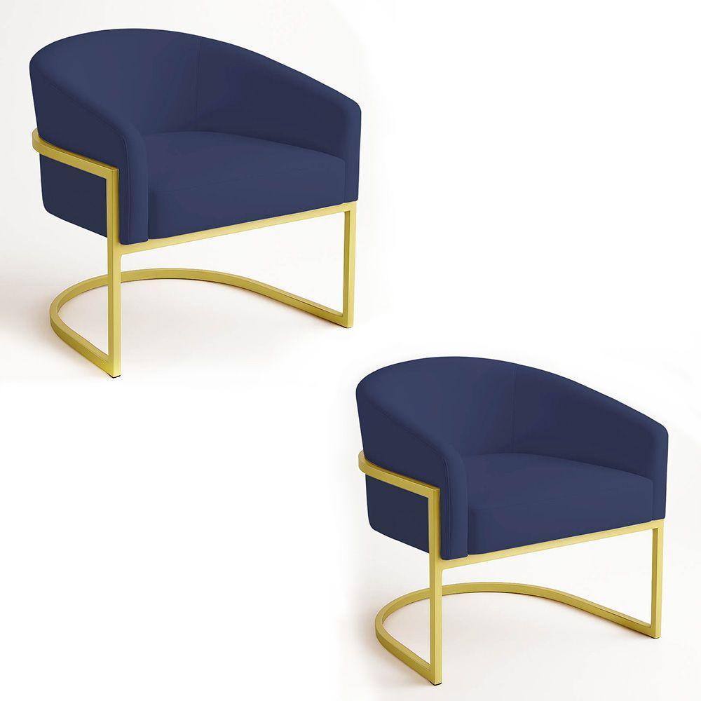 Poltrona Sala Decorativa Industrial Dourada Kit 2 Arielle Suede Azul Marinho - 1
