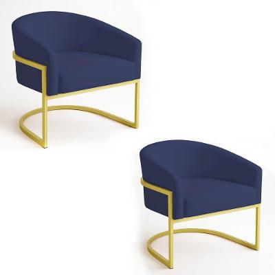 Poltrona Sala Decorativa Industrial Dourada Kit 2 Arielle Suede Azul Marinho