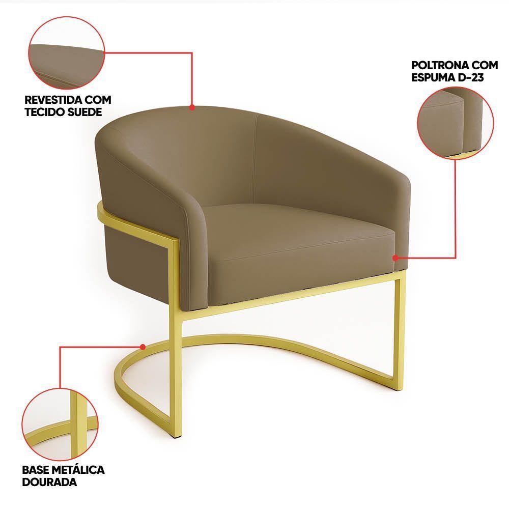 Poltrona Sala Decorativa Industrial Dourada Kit 2 Arielle Suede Cor Marrom Rato - 3