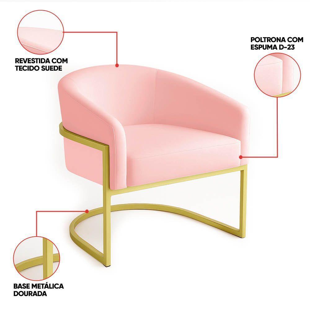 Poltrona Sala Decorativa Industrial Dourada Kit 2 Arielle Suede Cor Rosa Bebê - 6