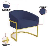 Poltrona Sala Decorativa Industrial Dourada Arielle Suede Azul Marinho - 3