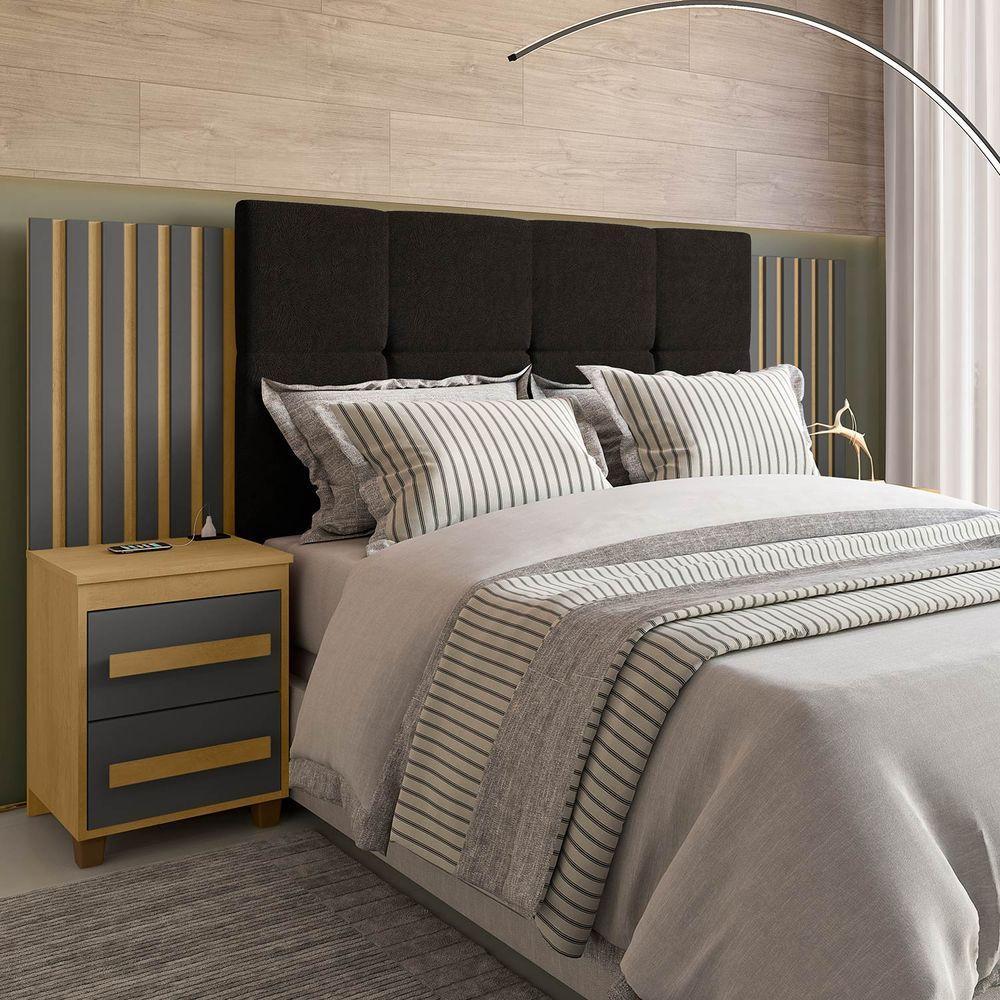 Cabeceira Casal Extensível Com 2 Mesas De Apoio Ripado E Estofado Cinamomo Com Grafite Suíça - Rv Móveis - 2