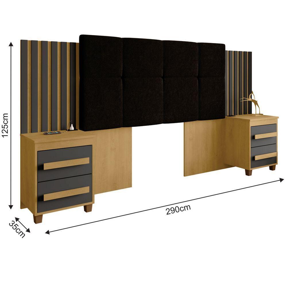 Cabeceira Casal Extensível Com 2 Mesas De Apoio Ripado E Estofado Cinamomo Com Grafite Suíça - Rv Móveis - 3