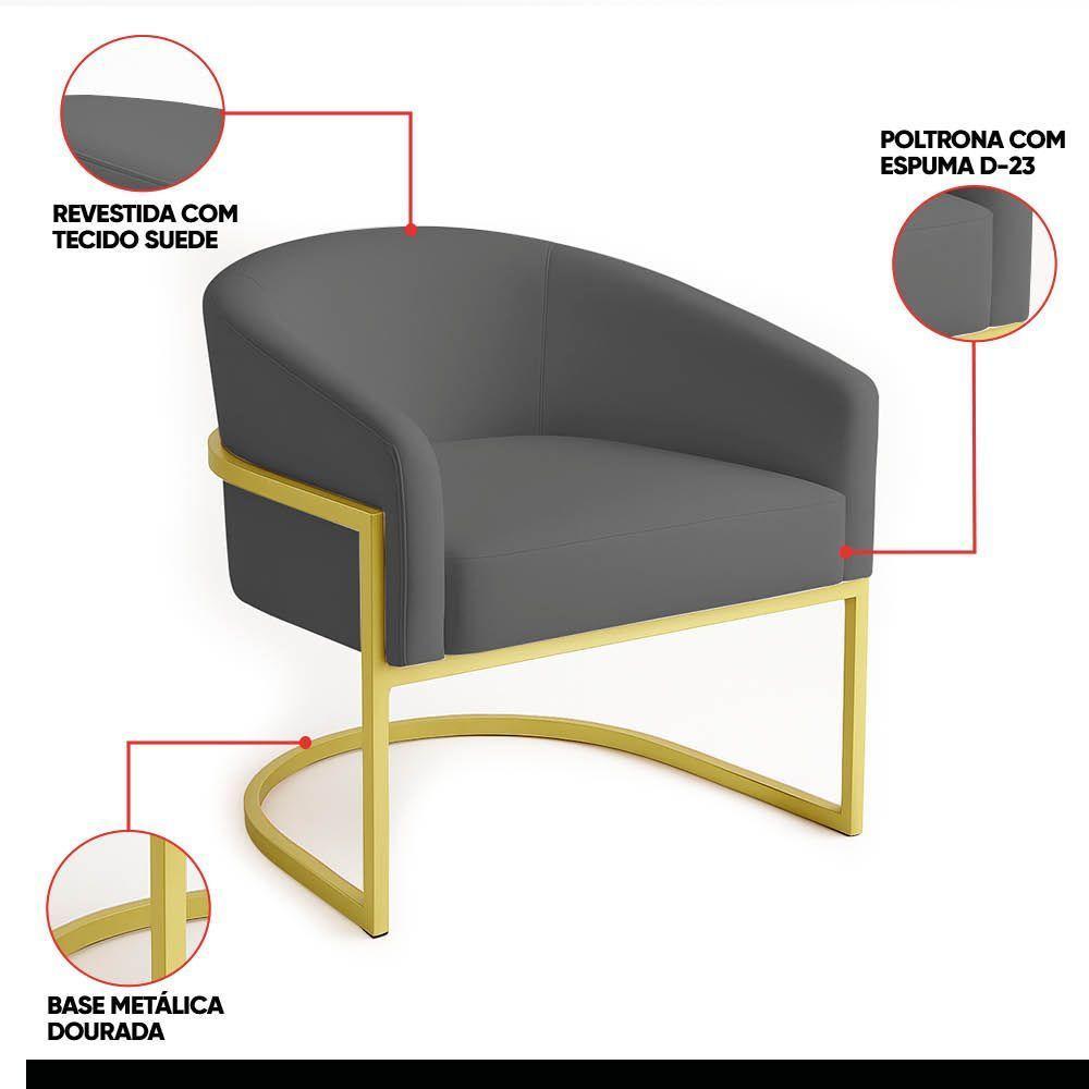Poltrona Sala Decorativa Industrial Dourada Arielle Suede Cor Grafite - 3