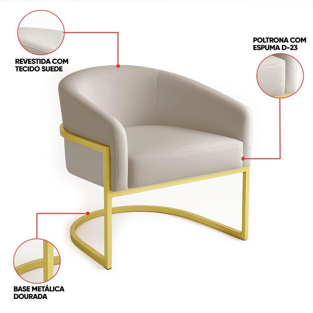 Poltrona Sala Decorativa Industrial Dourada Kit 2 Arielle Veludo Cor Cinza - 3