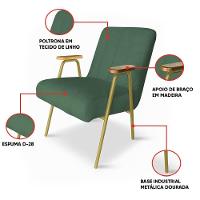 Poltrona Sala Decorativa Industrial Champanhe Kit 2 Laurita Linho Verde Menta K01 - D'rossi - 3