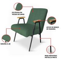 Poltrona Sala Decorativa Industrial Preto Kit 2 Laurita Linho Verde K01 - D'rossi - 3