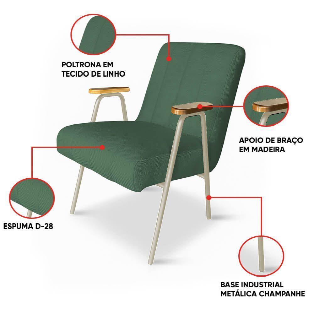Poltrona Sala Decorativa Industrial Champanhe Kit 2 Laurita Linho Verde K01 - D'rossi - 3