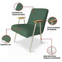 Poltrona Sala Decorativa Industrial Champanhe Kit 2 Laurita Linho Verde K01 - D'rossi - 3