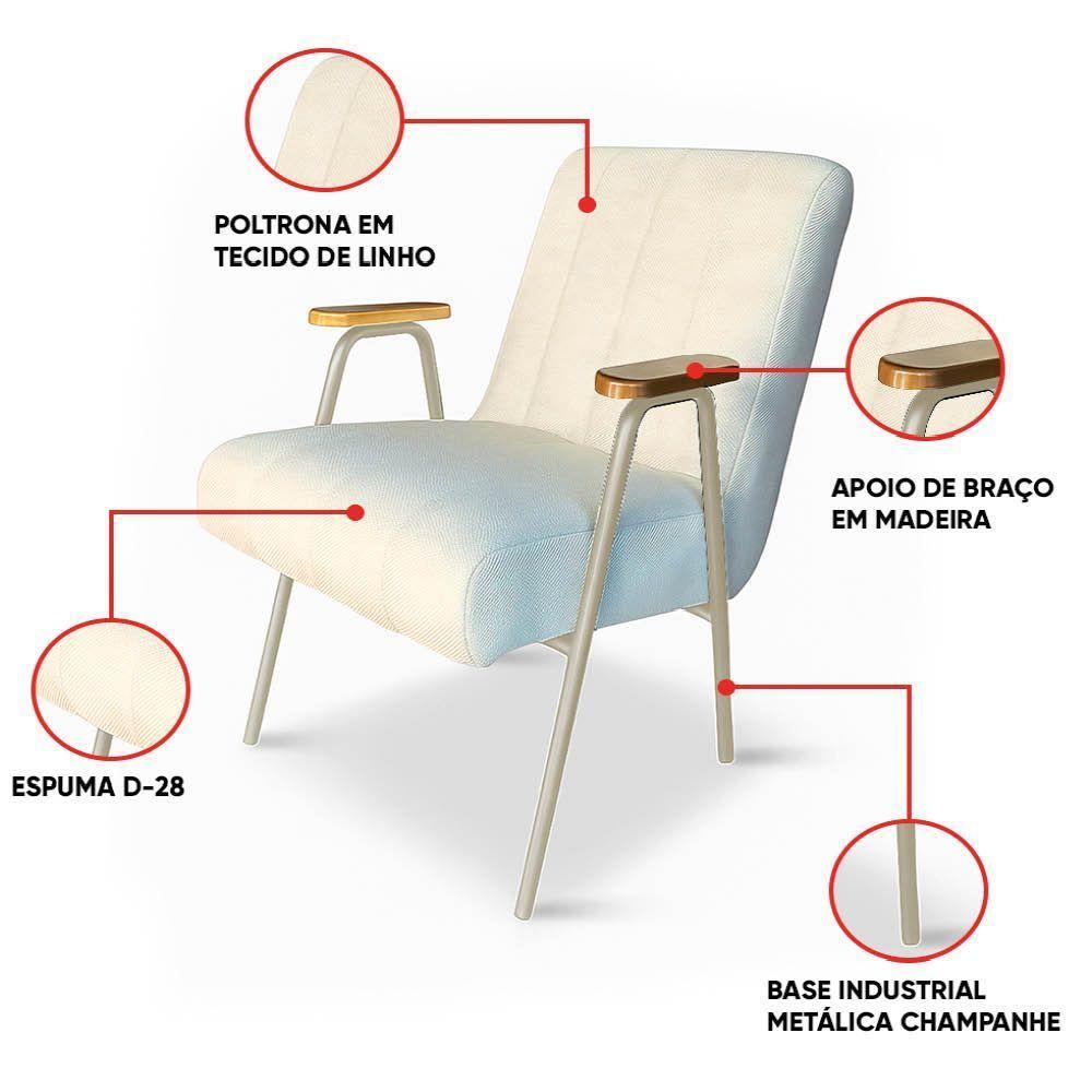Poltrona Sala Decorativa Industrial Preto Kit 2 Laurita Linho Bege K01 - D'rossi - 3