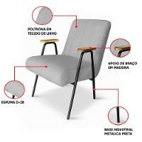 Poltrona Sala Decorativa Industrial Preto Kit 2 Laurita Linho Cinza K01 - D'rossi - 3