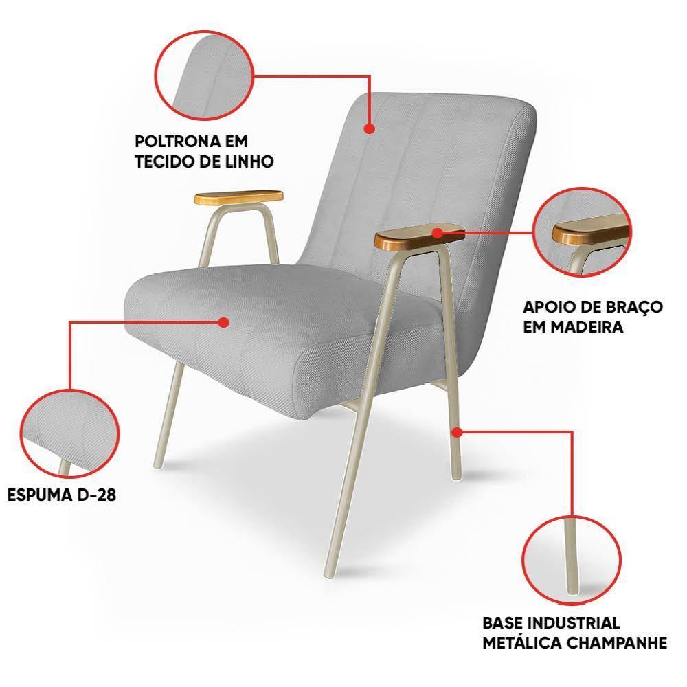 Poltrona Sala Decorativa Industrial Champanhe Laurita Linho Cinza K01 - D'rossi - 3