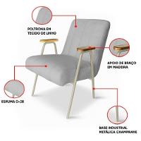 Poltrona Sala Decorativa Industrial Champanhe Laurita Linho Cinza K01 - D'rossi - 3