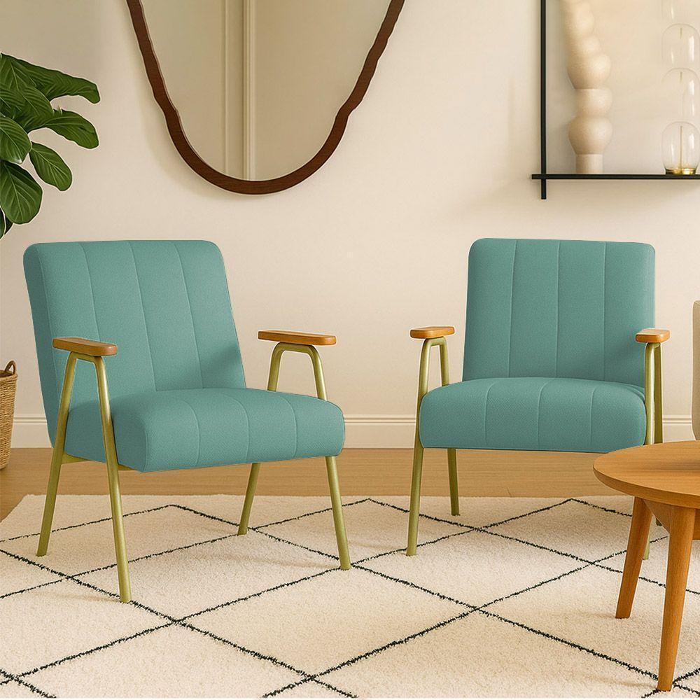 Poltrona Sala Decorativa Industrial Dourado Kit 2 Laurita Linho Verde Menta K01 - D'rossi - 1