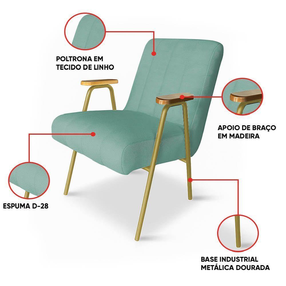 Poltrona Sala Decorativa Industrial Dourado Kit 2 Laurita Linho Verde Menta K01 - D'rossi - 3